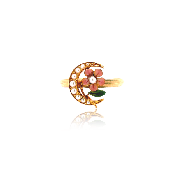 9K Victorian Pink Enamel & Pearl Flower Crescent Ring