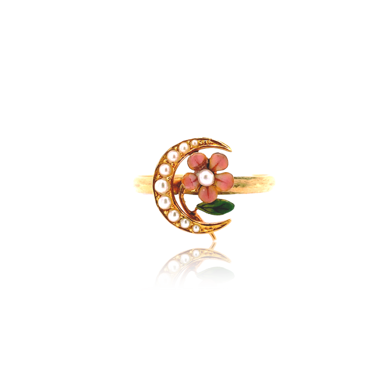 9K Victorian Pink Enamel & Pearl Flower Crescent Ring