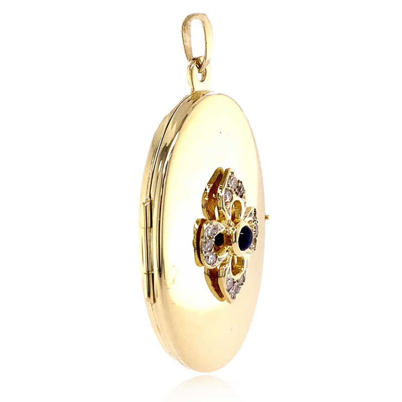 14K German Art Deco Diamond & Sapphire Quatrefoil Locket