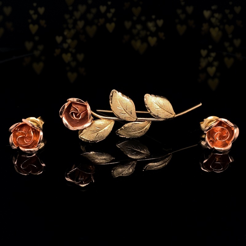 8K German Vintage Rose Bloom Earrings & Brooch Set