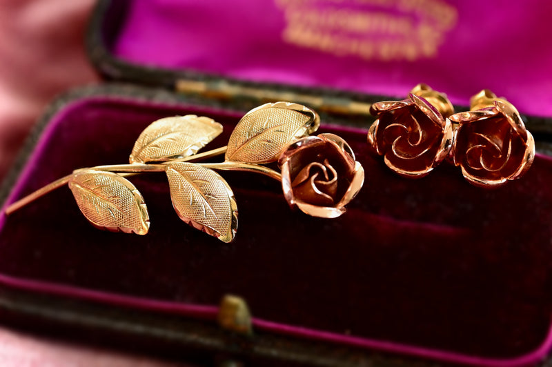 8K German Vintage Rose Bloom Earrings & Brooch Set