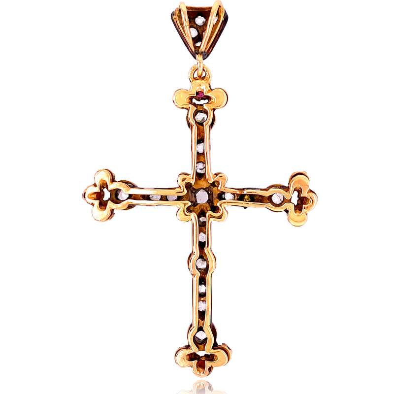 18K & Silver French Victorian Diamond & Ruby Cross Pendant