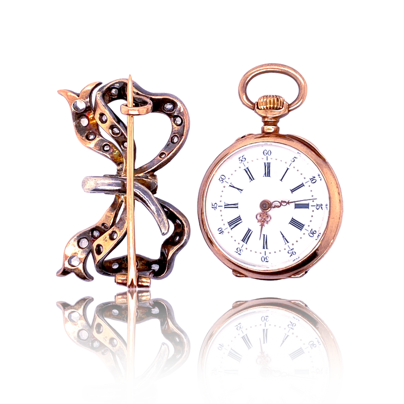 18K & Silver French Victorian Diamond & Ruby Pocket Watch with Bow Brooch