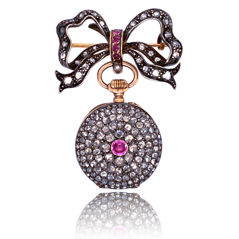 18K & Silver French Victorian Diamond & Ruby Pocket Watch with Bow Brooch