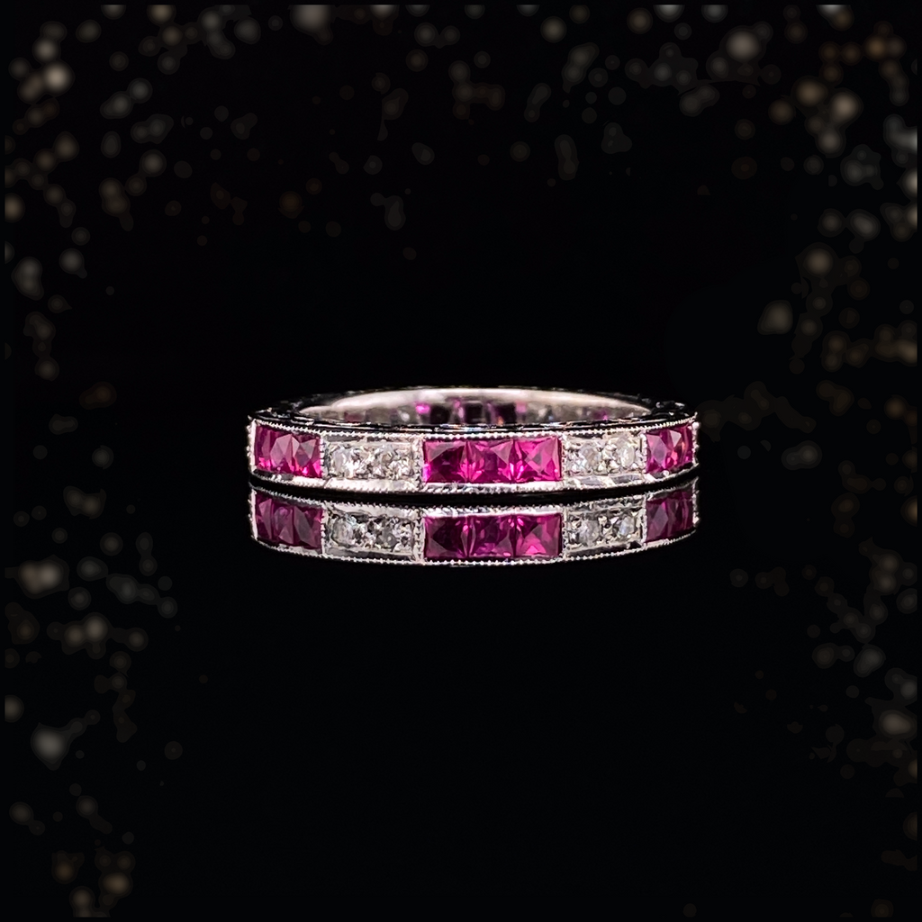 18K Art Deco Diamond Ruby Eternity Ring