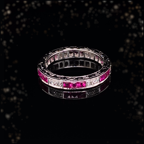18K Art Deco Diamond & Ruby Eternity Ring