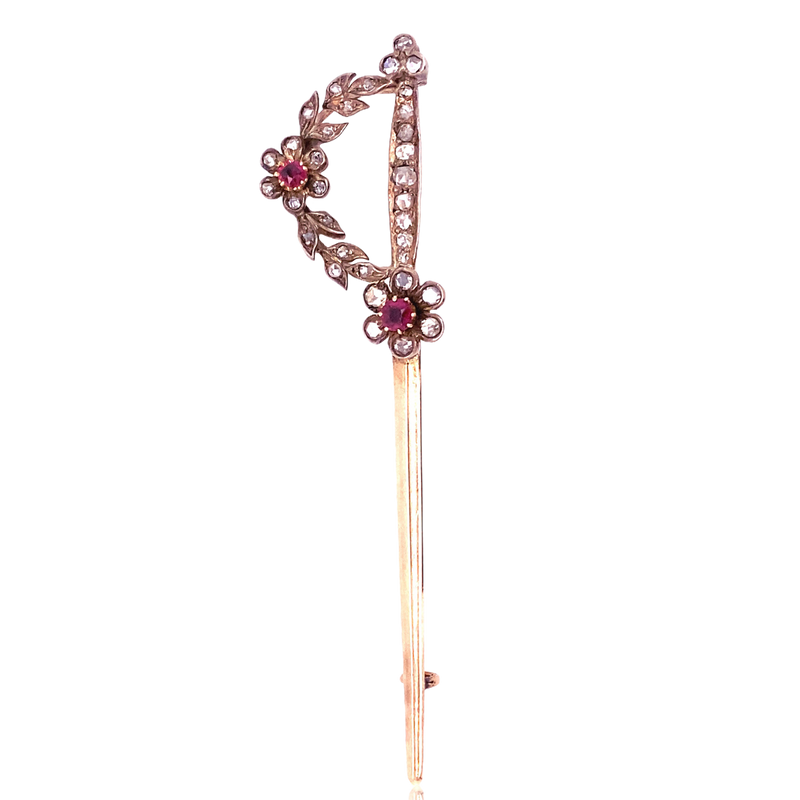 14K & Silver Diamond & Ruby Floral Sword Brooch