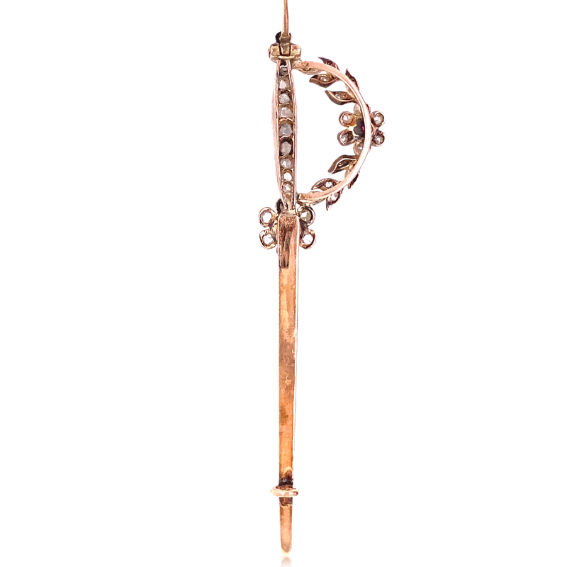 14K & Silver Diamond & Ruby Floral Sword Brooch