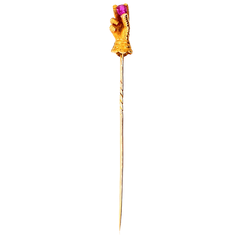 18K French Victorian Ruby Gloved Hand Gauntlet Stick Pin