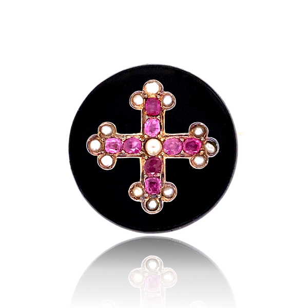 18K French Victorian Ruby & Pearl Cross Onyx Brooch