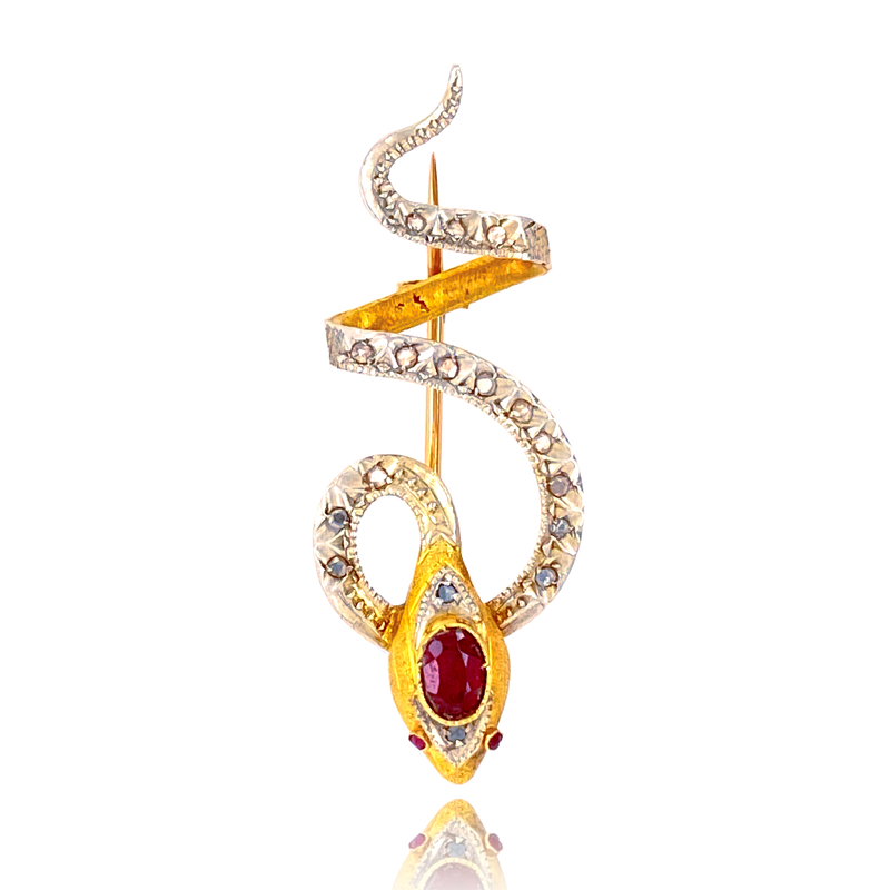 18K French Victorian Diamond & Ruby Snake Slider-Brooch
