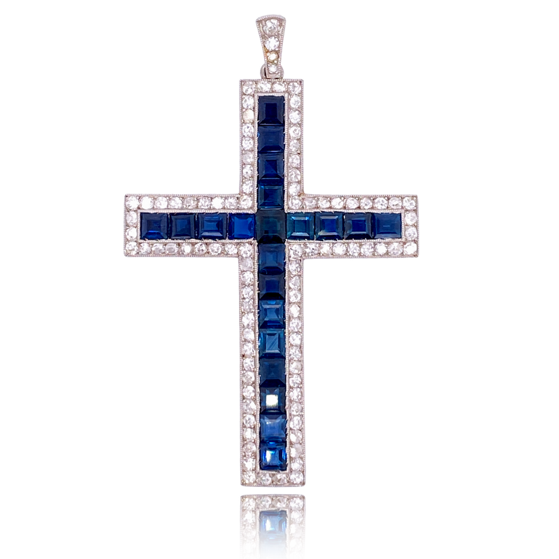 Platinum Art Deco Diamond & Sapphire Cross Pendant
