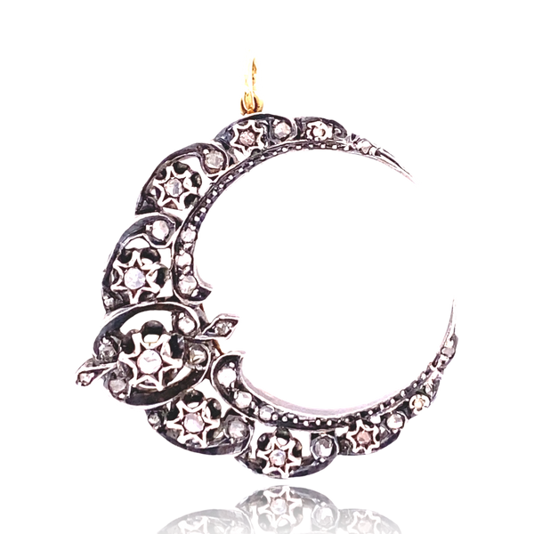 18K & Silver French Victorian Diamond Celestial Star Crescent Pendant