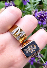 14K Victorian Diamond & Onyx Signet Initial S Ring