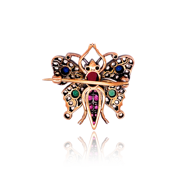 18K & Silver Victorian Diamond, Ruby, Sapphire & Emerald Butterfly Brooch-Pendant