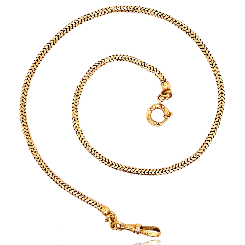 18K Victorian Snake Watch Chain with Engraved Clasp & Dog Clip 14.75"