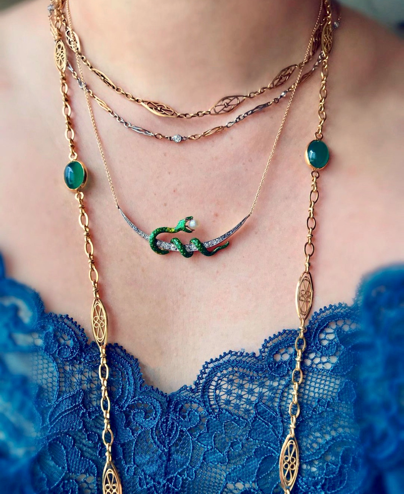 18K & Platinum Victorian Diamond & Ruby Guilloche Enamel Snake Crescent Necklace