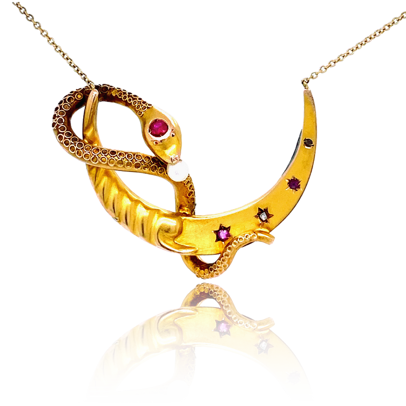 15K French Victorian Ruby & Pearl Snake Crescent Necklace