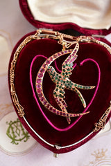 Sold on Layaway | 18K European Victorian Ruby & Emerald Swallow Crescent Pendant