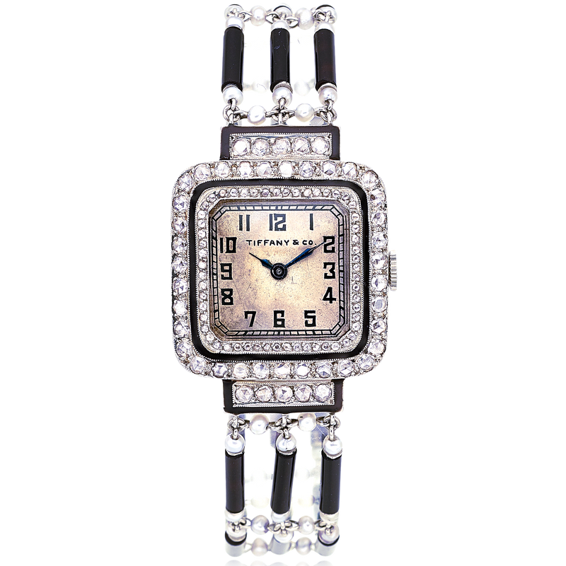 18K & Platinum French Art Deco Tiffany & Co Diamond Pearl Enamel Wrist Watch