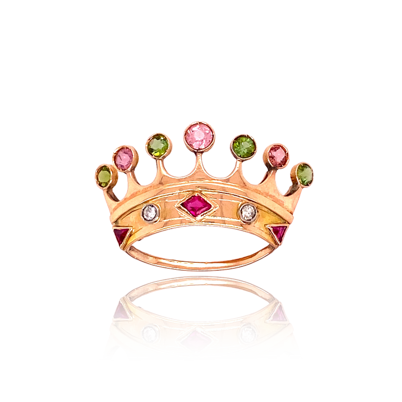 14K Victorian Diamond, Ruby, Pink & Green Tourmaline Coronet Crown Brooch