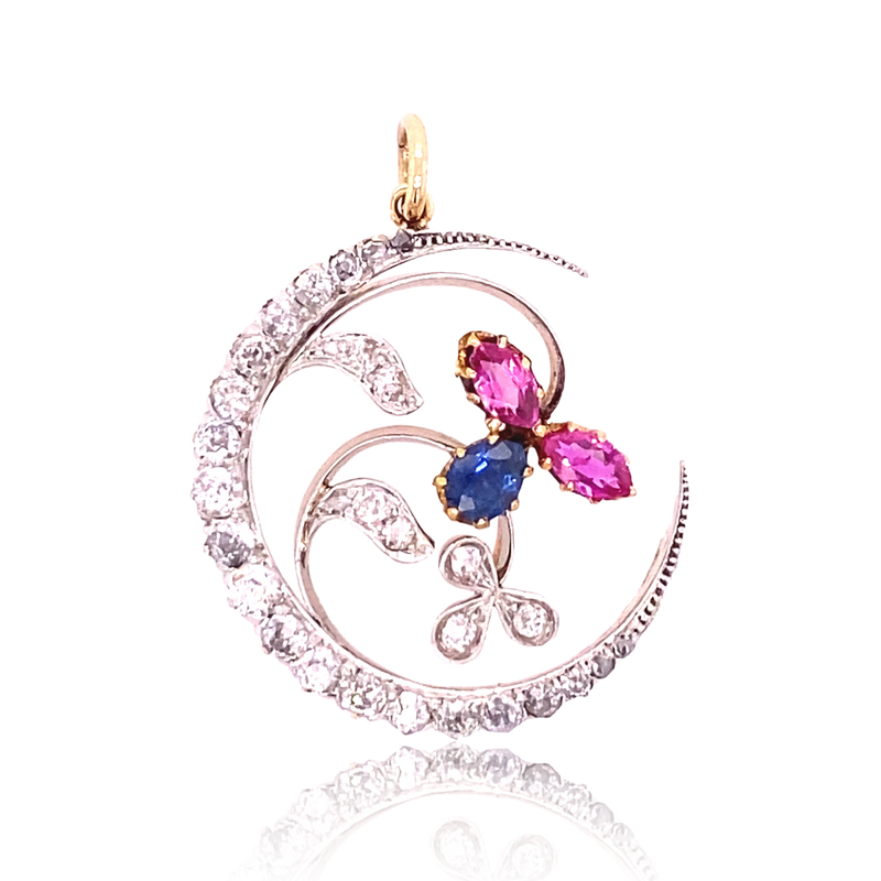 18K Victorian Diamond, Ruby & Sapphire Floral Crescent Pendant