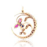 18K Victorian Diamond, Ruby & Sapphire Floral Crescent Pendant