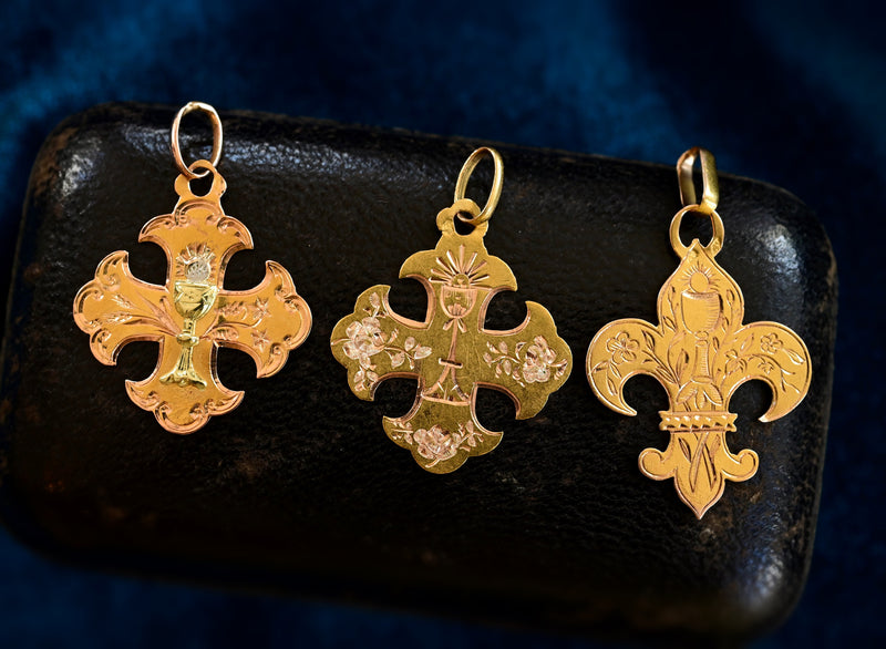 18K French Victorian Holy Communion Cross & Fleur De Lis Medal Pendant (Trio)