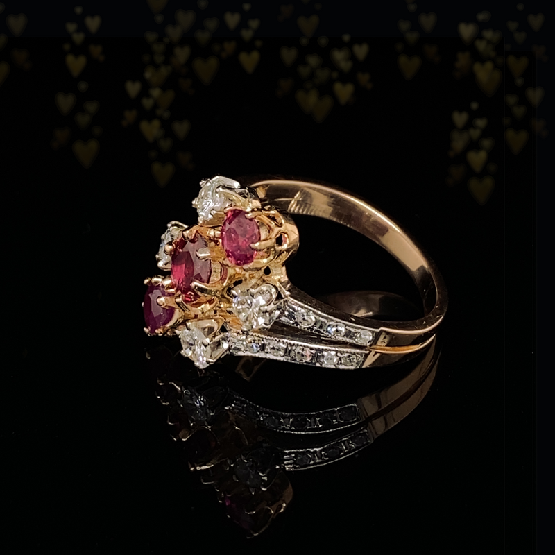 14K Edwardian Art Nouveau Triple Ruby & Diamond Ring
