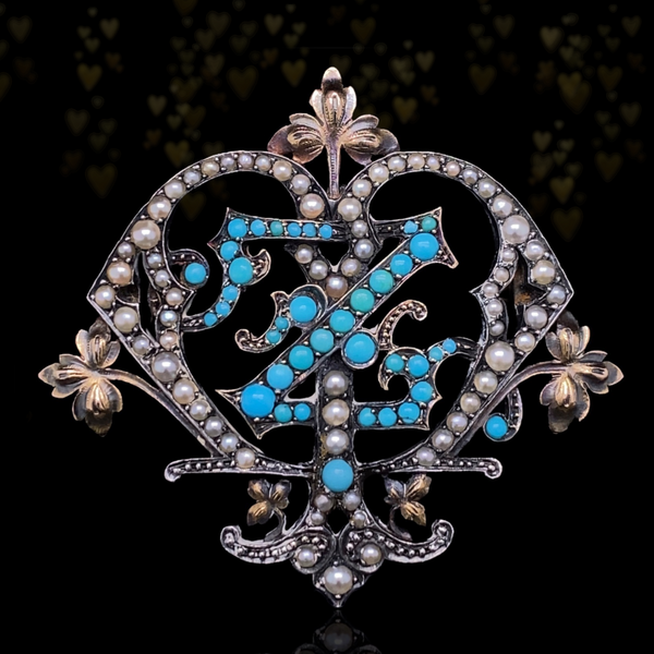 18K & Silver Austrian-Hungarian Victorian Turquoise & Pearl Initial Z Brooch-Pendant