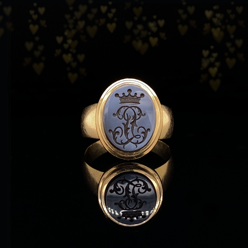 18K French Victorian Onyx Intaglio Viscount/Viscountess Monogram JL/LJ Locket Ring